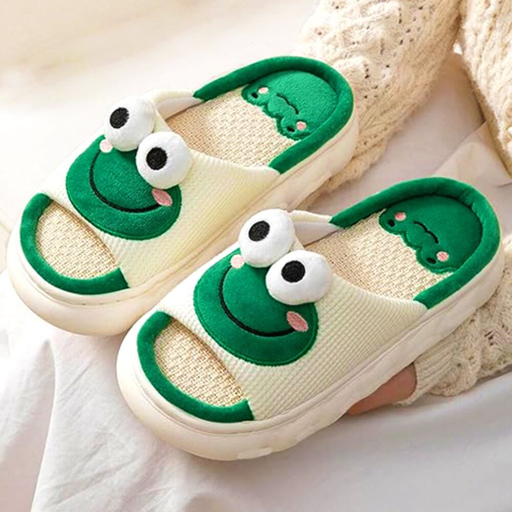 Women’s Open Toe Cute Cartoon Frog Soft Warm Indoor Non-Slip Foam Slippers 44-45